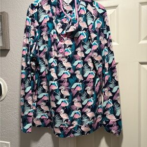 Crown & Ivy Flamingo Print Button Down Shirt - Pink, Blue, Black